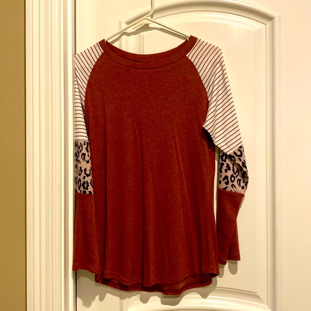 Long Sleeve Burgundy T Shirt with Striped and Animal Print Detail - Size Small